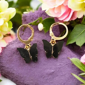 Gold Plated Acrylic Butterfly Dangle Clamp Earrings